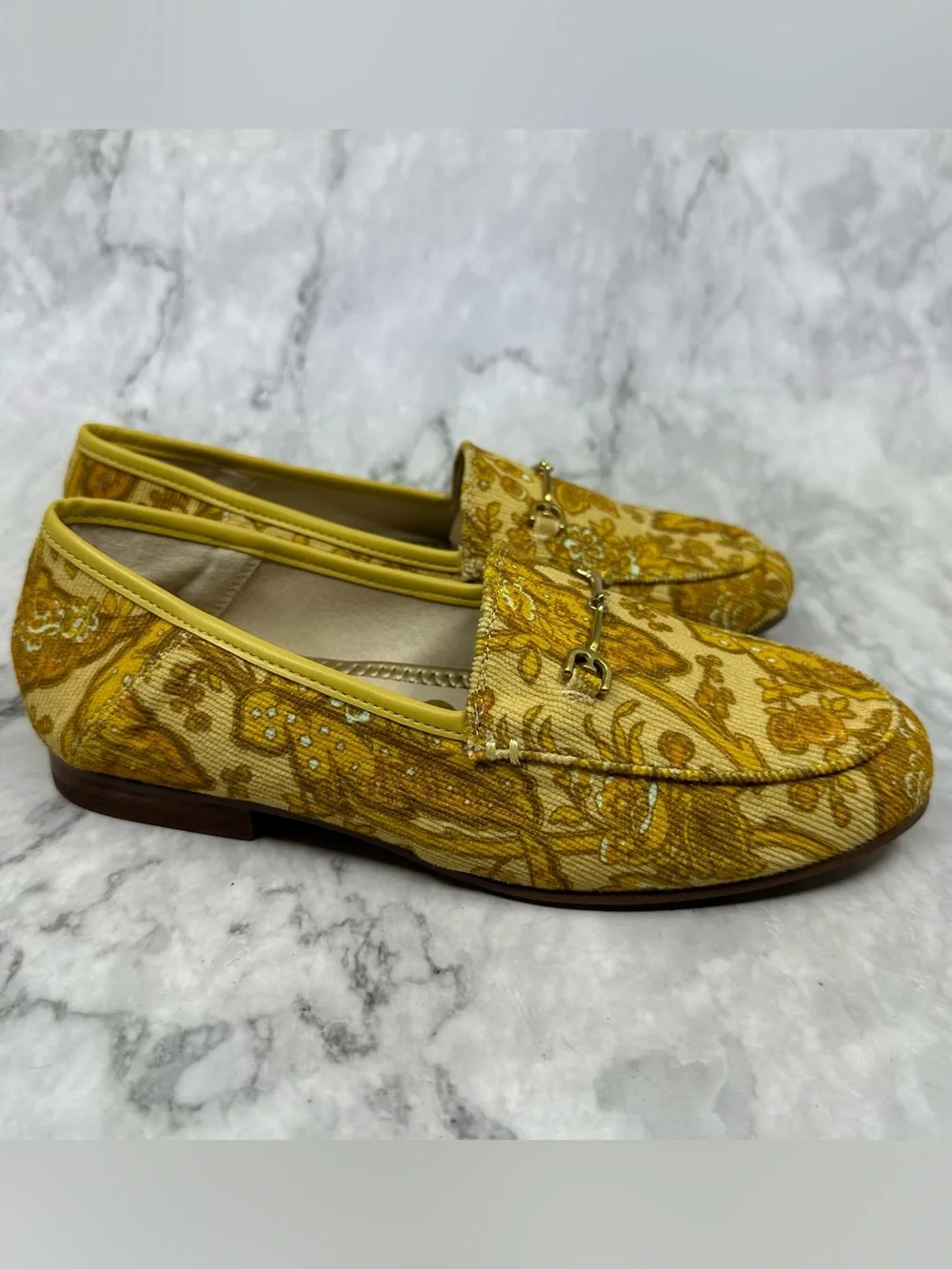 Delman Mustard Floral Canvas Loafers with Gold Bit